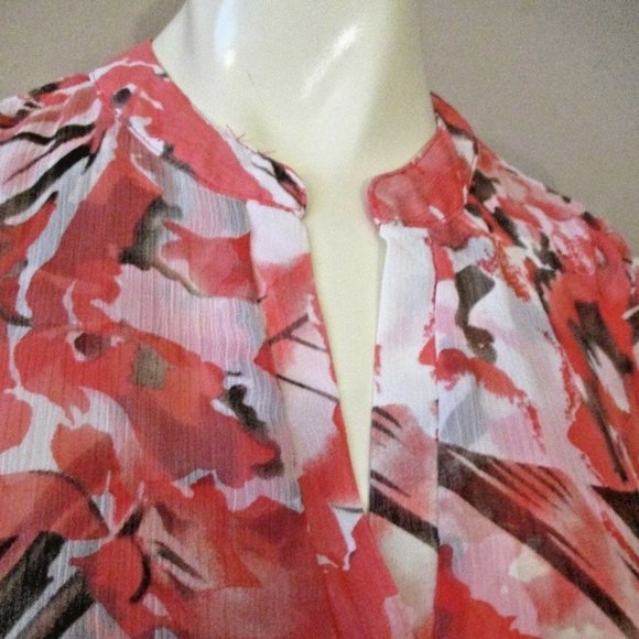 Pretty Coral Floral Hi-Lo Tunic sz M Sheer Crepe Chiffon - Picture 3 of 11